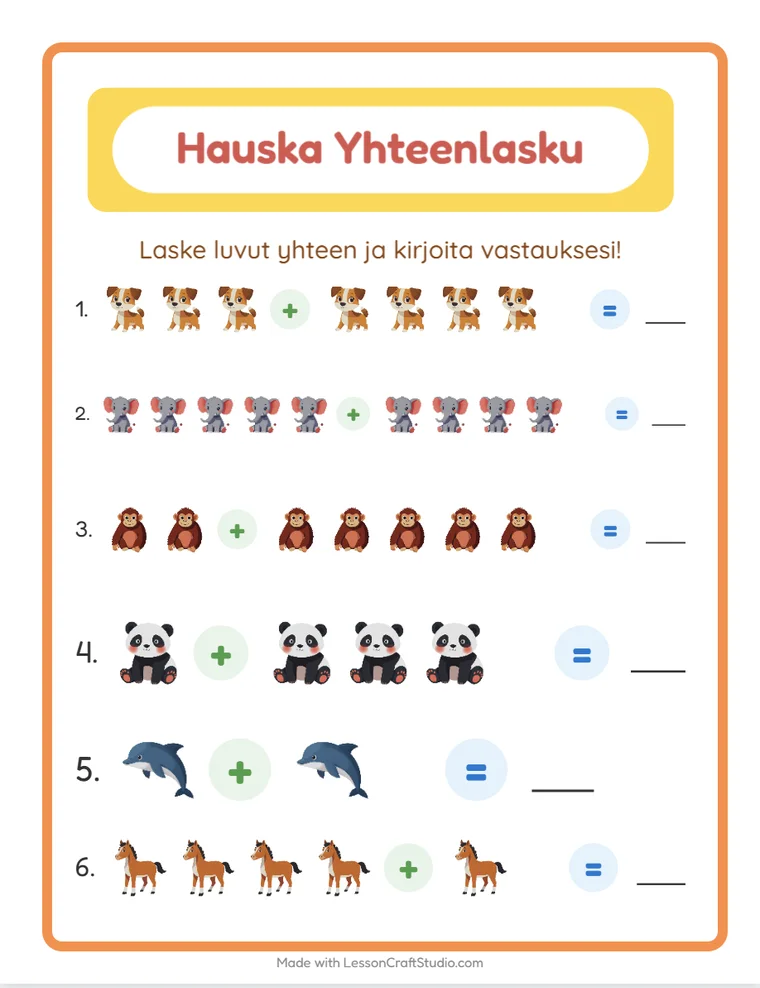 Interaktiivinen yhteenlaskutehtäväarkki selaimessa, täytettävät vastausruudut
