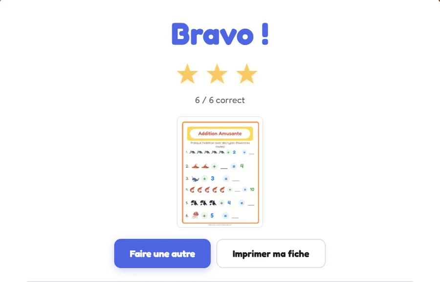 L'écran de résultat après correction automatique : Bravo, 6 bonnes réponses sur 6, trois étoiles dorées