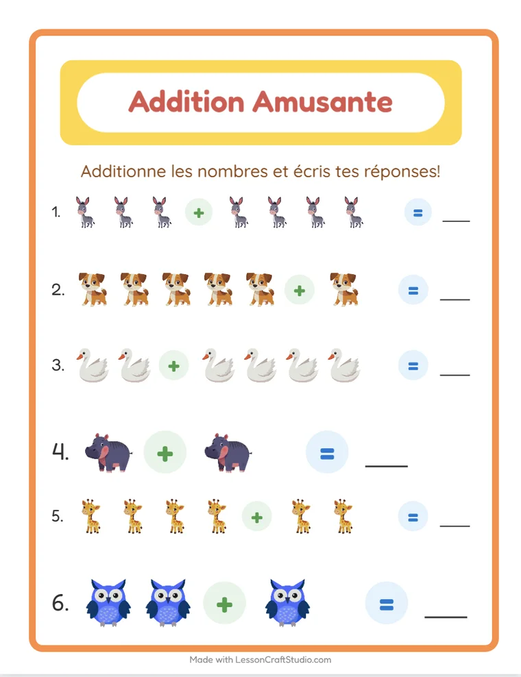 Une fiche d'addition interactive en cours de jeu dans le navigateur, avec des cases à remplir