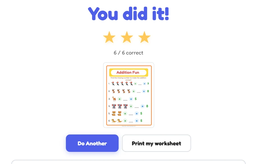 The self-graded result screen: You did it, 6 of 6 correct, three gold stars