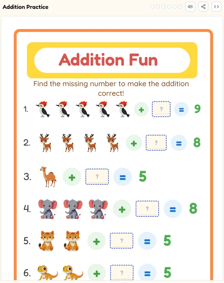 An interactive addition worksheet playing in the browser, with fillable answer boxes