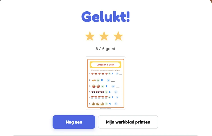 Het zelfnagekeken resultaatscherm: Goed gedaan, 6 van de 6 goed, drie gouden sterren