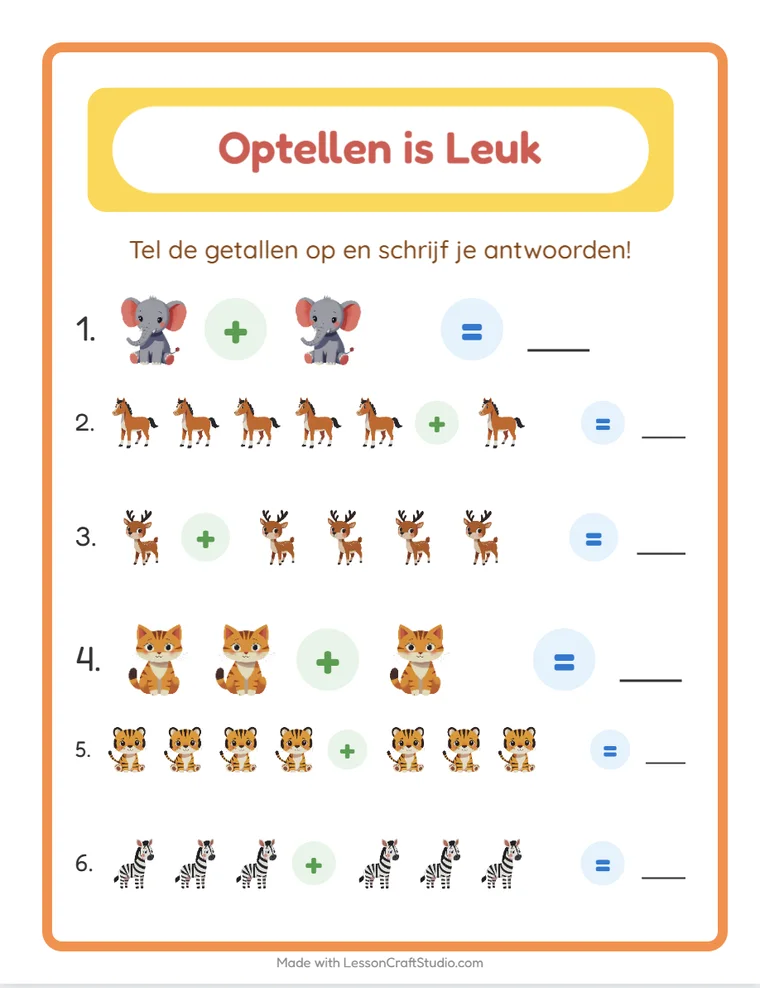 Een interactief werkblad optellen dat in de browser speelt, met invulvakjes voor de antwoorden