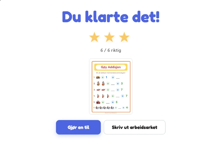 Resultatskjermen etter selvretting: Du klarte det, 6 av 6 riktige, tre gullstjerner