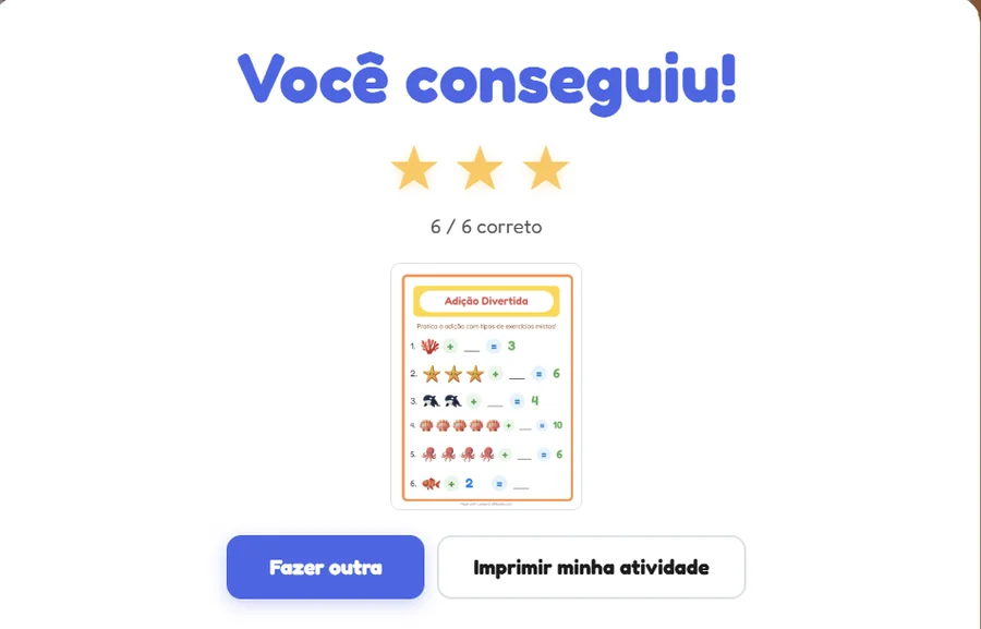 A tela de resultado com correção automática: Você conseguiu, 6 de 6 corretas, três estrelas douradas