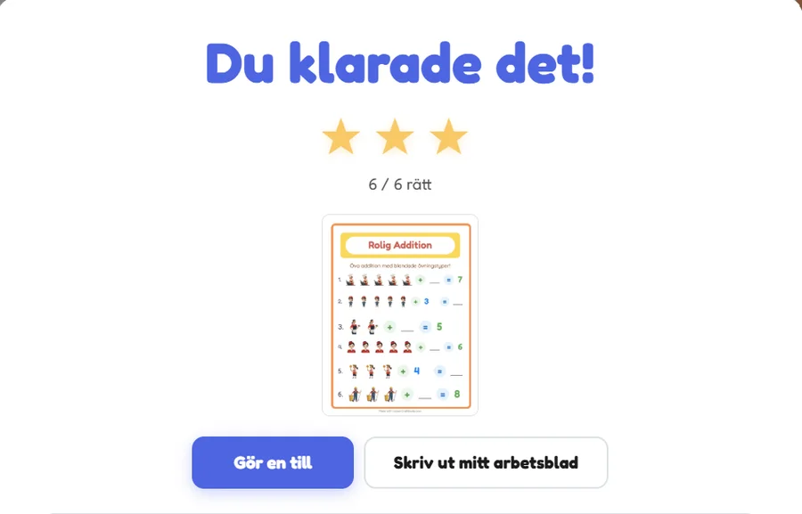 Resultatskärmen efter självrättning: Du klarade det, 6 av 6 rätt, tre guldstjärnor