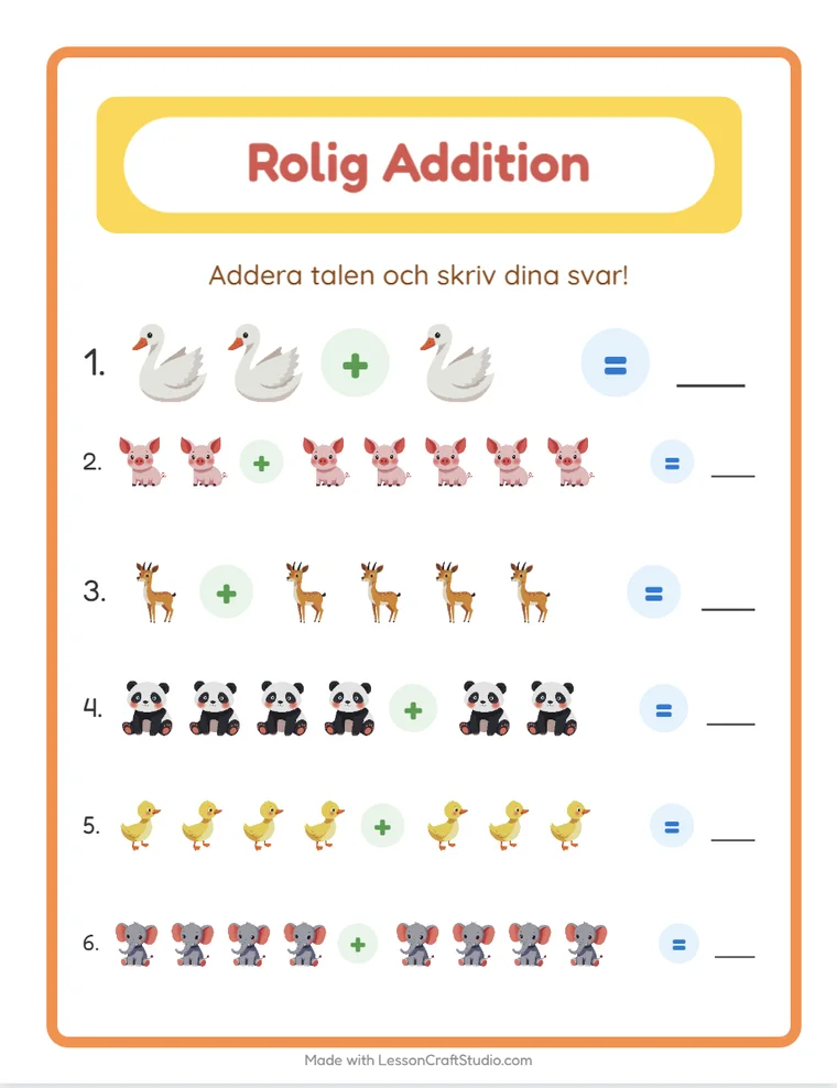 Ett interaktivt arbetsblad i addition som spelas i webbläsaren, med ifyllbara svarsrutor