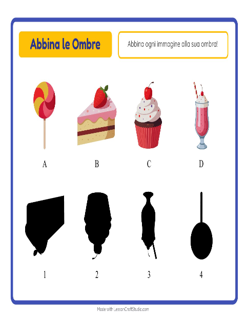 Anteprima della scheda di Abbina Le Ombre con Dolci e dolciumi per Scuola dell'infanzia (5-7 anni)