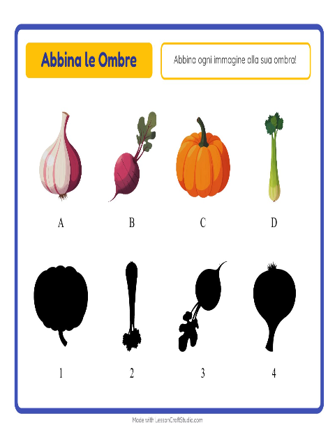 Anteprima della scheda di Abbina Le Ombre con Verdure per Scuola dell'infanzia (5-7 anni)