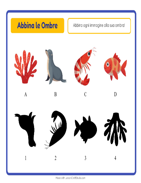 Anteprima della scheda di Abbina Le Ombre con Vita oceanica per Scuola dell'infanzia (5-7 anni)