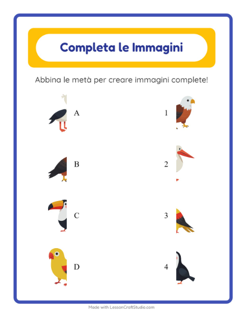 Anteprima della scheda di Abbina Le Ombre con Uccelli per Scuola dell'infanzia (5-7 anni)