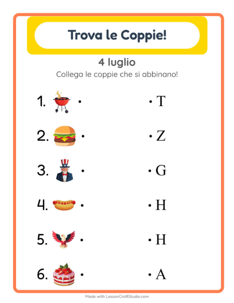 Anteprima della scheda di Abbinamento con 4 luglio per Scuola dell'infanzia (5-7 anni)