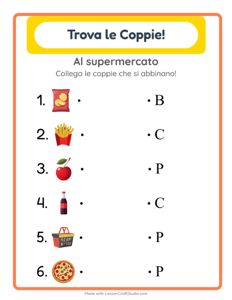 Anteprima della scheda di Abbinamento con Al supermercato per Scuola dell'infanzia (5-7 anni)
