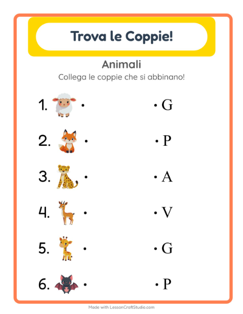 Anteprima della scheda di Abbinamento con Animali per Scuola dell'infanzia (5-7 anni)