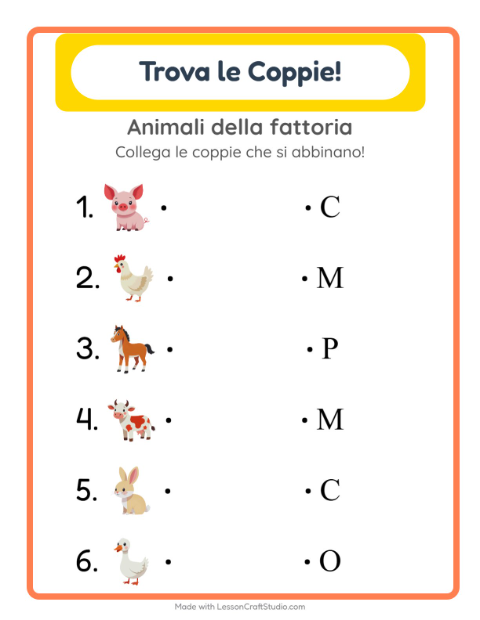 Anteprima della scheda di Abbinamento con Animali della fattoria per Scuola dell'infanzia (5-7 anni)