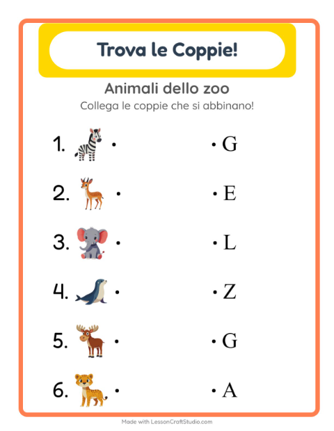 Anteprima della scheda di Abbinamento con Animali dello zoo per Scuola dell'infanzia (5-7 anni)