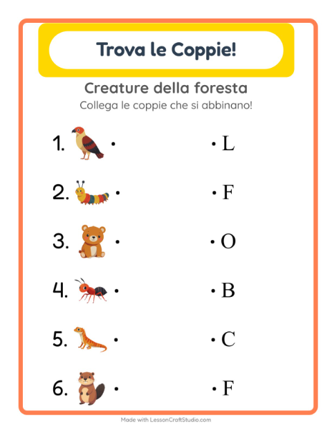 Anteprima della scheda di Abbinamento con Creature della foresta per Scuola dell'infanzia (5-7 anni)