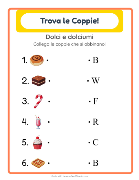 Anteprima della scheda di Abbinamento con Dolci e dolciumi per Scuola dell'infanzia (5-7 anni)