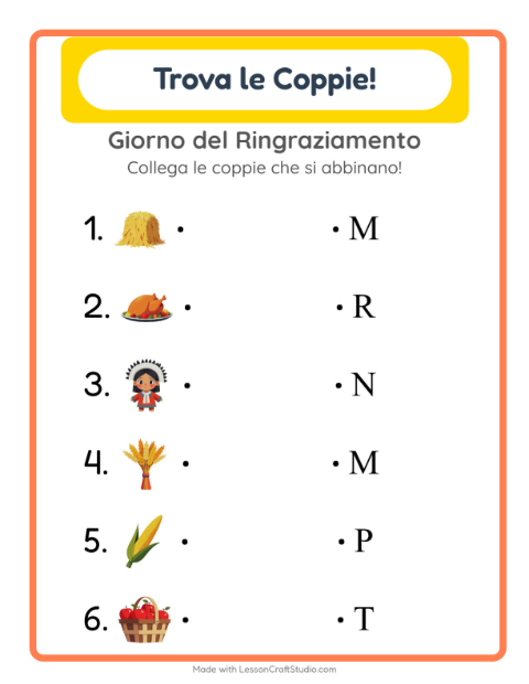 Anteprima della scheda di Abbinamento con Giorno del Ringraziamento per Scuola dell'infanzia (5-7 anni)