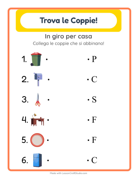 Anteprima della scheda di Abbinamento con In giro per casa per Scuola dell'infanzia (5-7 anni)