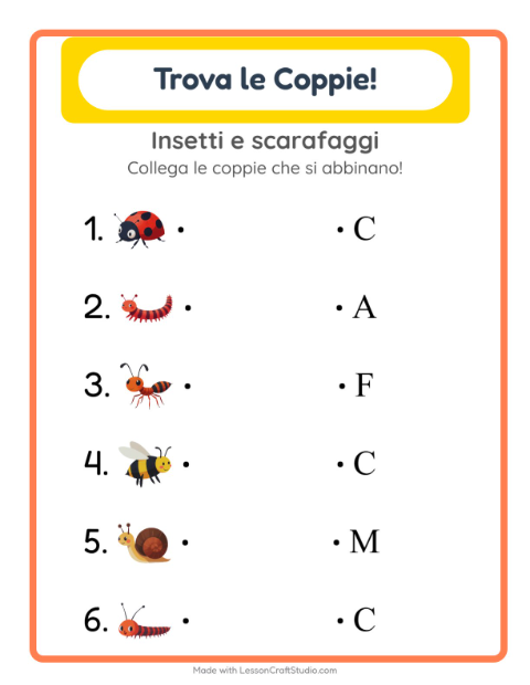 Anteprima della scheda di Abbinamento con Insetti e scarafaggi per Scuola dell'infanzia (5-7 anni)
