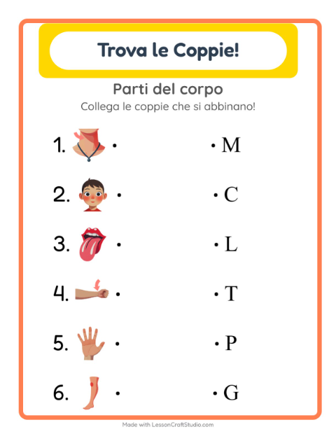 Anteprima della scheda di Abbinamento con Parti del corpo per Scuola dell'infanzia (5-7 anni)