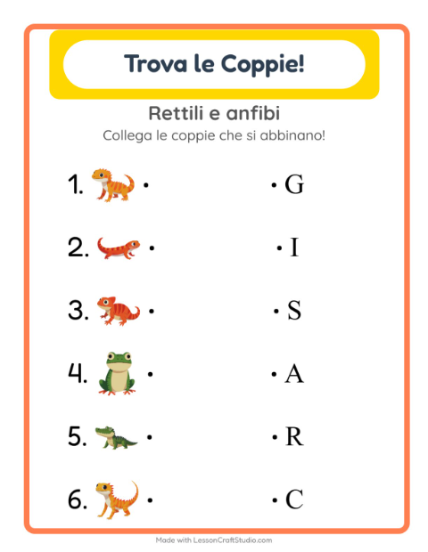 Anteprima della scheda di Abbinamento con Rettili e anfibi per Scuola dell'infanzia (5-7 anni)