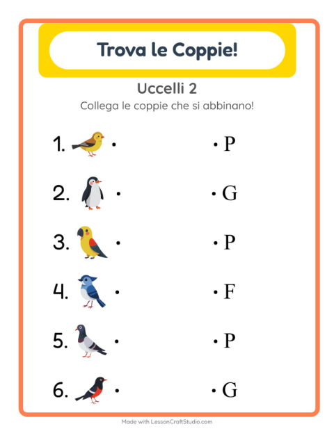 Anteprima della scheda di Abbinamento con Uccelli 2 per Scuola dell'infanzia (5-7 anni)