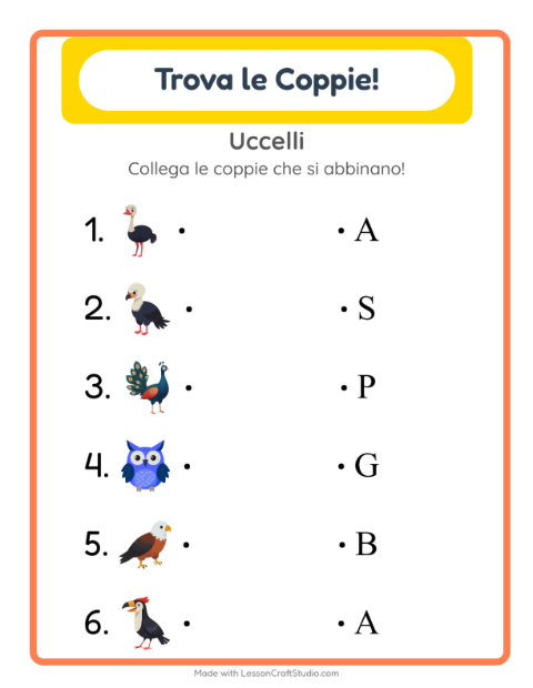 Anteprima della scheda di Abbinamento con Uccelli per Scuola dell'infanzia (5-7 anni)