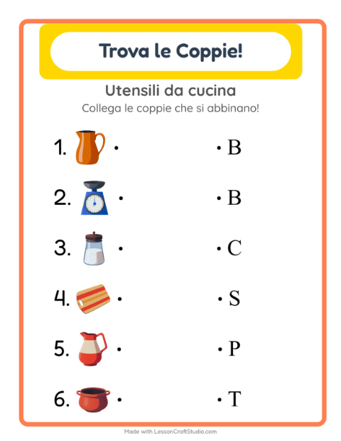 Anteprima della scheda di Abbinamento con Utensili da cucina per Scuola dell'infanzia (5-7 anni)