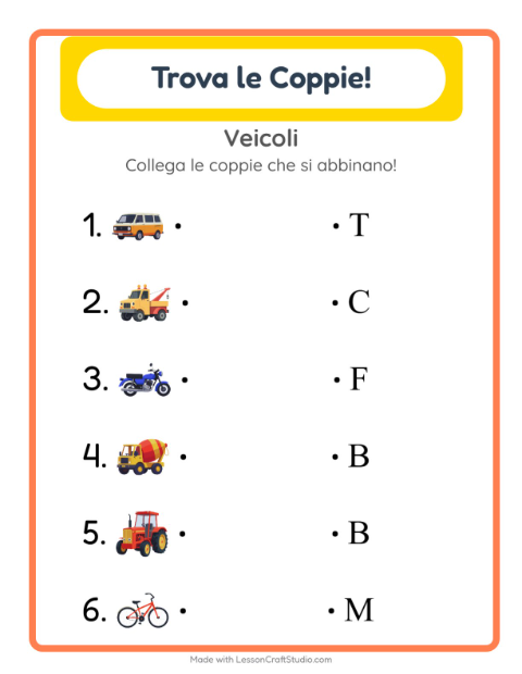 Anteprima della scheda di Abbinamento con Veicoli per Scuola dell'infanzia (5-7 anni)