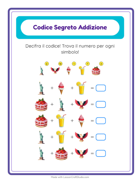 Anteprima della scheda di Addizione Codificata con 4 luglio per Scuola dell'infanzia (5-7 anni)
