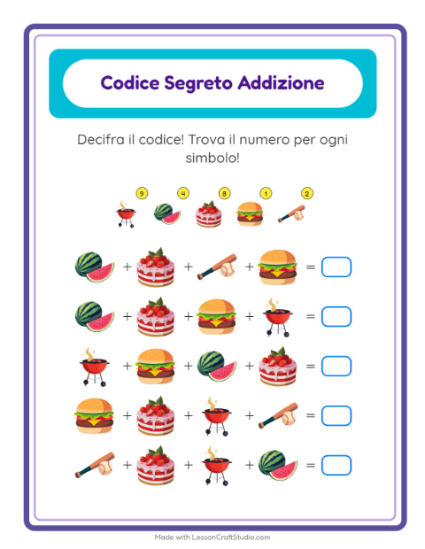 Anteprima della scheda di Addizione Codificata con 4 luglio per Scuola dell'infanzia (5-7 anni)