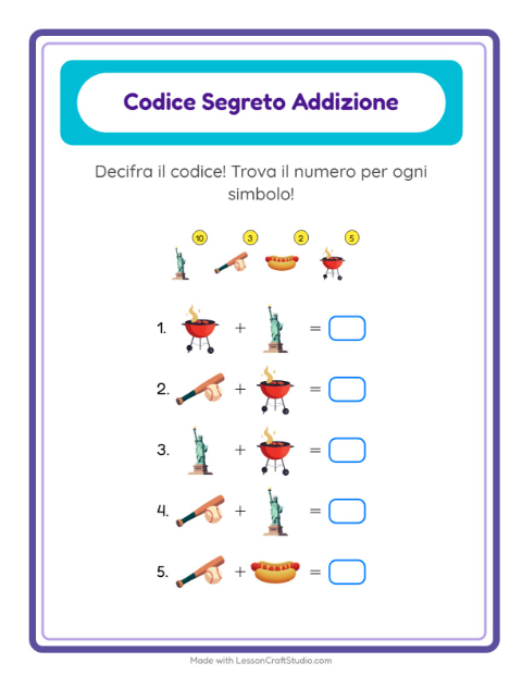 Anteprima della scheda di Addizione Codificata con 4 luglio per Scuola dell'infanzia (5-7 anni)