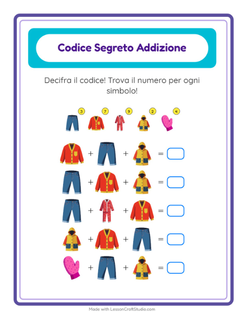 Anteprima della scheda di Addizione Codificata con Abbigliamento per Scuola dell'infanzia (5-7 anni)