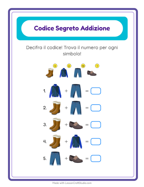 Anteprima della scheda di Addizione Codificata con Abbigliamento per Scuola dell'infanzia (5-7 anni)