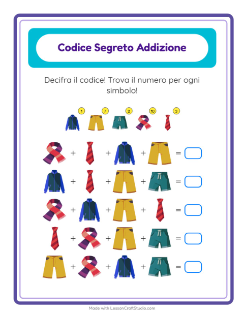 Anteprima della scheda di Addizione Codificata con Abbigliamento per Scuola dell'infanzia (5-7 anni)