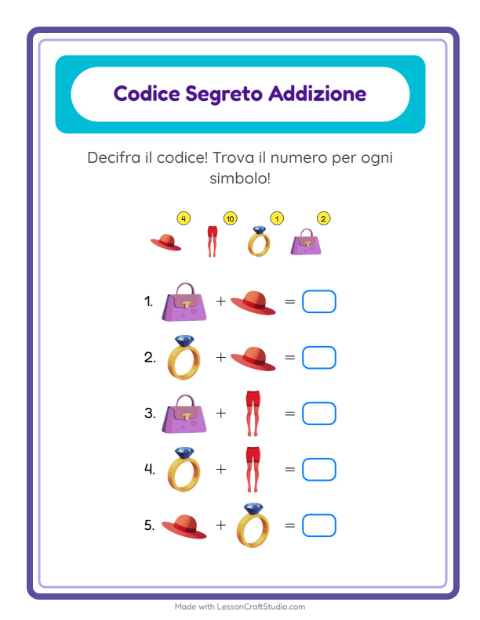 Anteprima della scheda di Addizione Codificata con Accessori per Scuola dell'infanzia (5-7 anni)