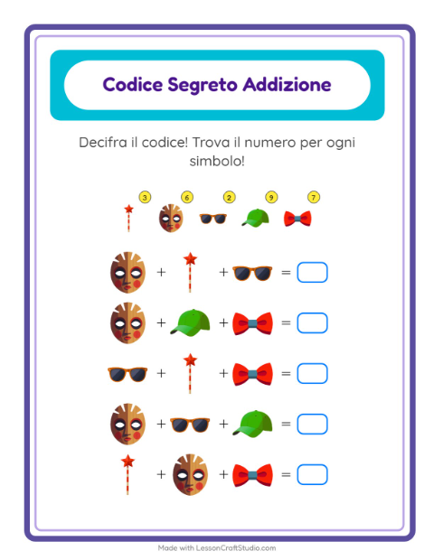 Anteprima della scheda di Addizione Codificata con Accessori per Scuola dell'infanzia (5-7 anni)