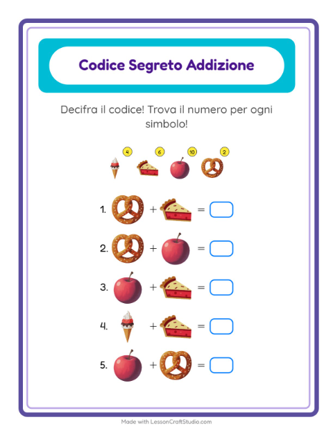 Anteprima della scheda di Addizione Codificata con Al supermercato per Scuola dell'infanzia (5-7 anni)