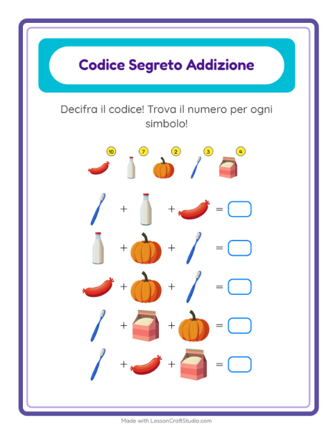 Anteprima della scheda di Addizione Codificata con Al supermercato per Scuola dell'infanzia (5-7 anni)