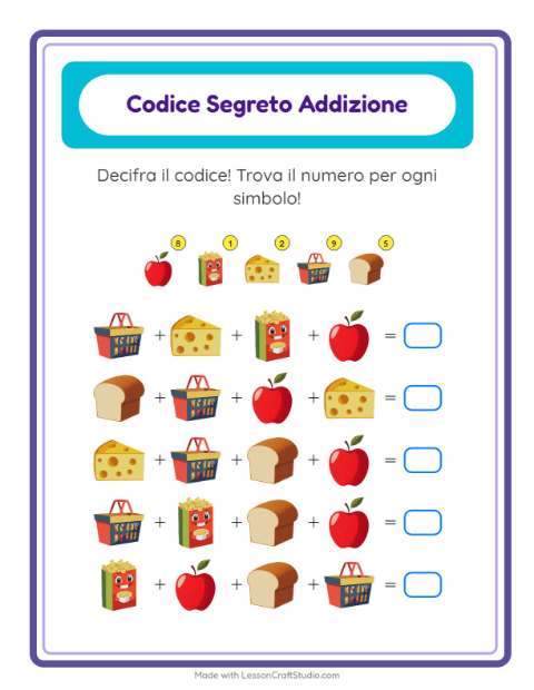 Anteprima della scheda di Addizione Codificata con Al supermercato per Scuola dell'infanzia (5-7 anni)