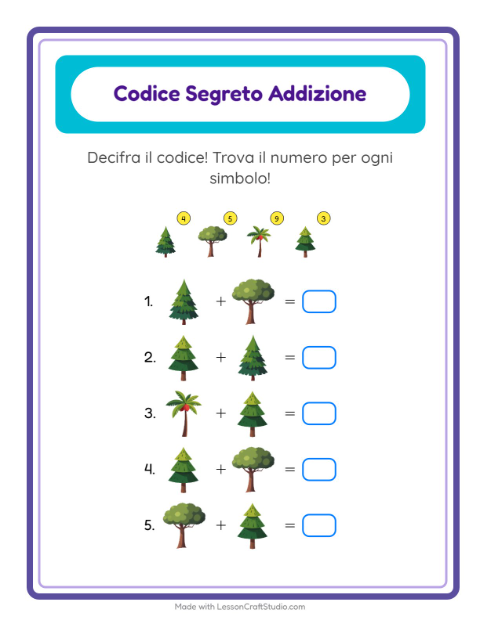 Anteprima della scheda di Addizione Codificata con Alberi per Scuola dell'infanzia (5-7 anni)