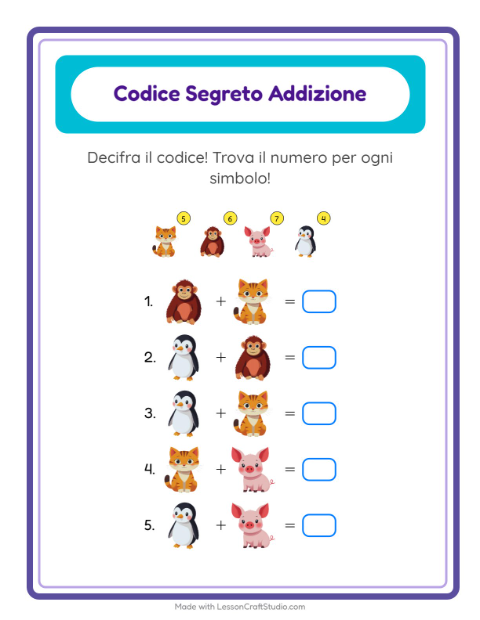 Anteprima della scheda di Addizione Codificata con Animali per Scuola dell'infanzia (5-7 anni)