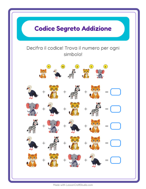 Anteprima della scheda di Addizione Codificata con Animali per Scuola dell'infanzia (5-7 anni)