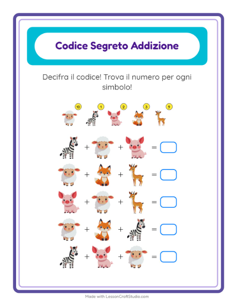 Anteprima della scheda di Addizione Codificata con Animali per Scuola dell'infanzia (5-7 anni)