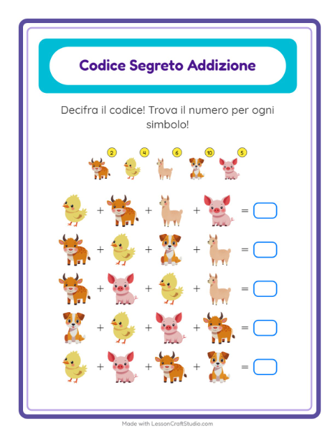 Anteprima della scheda di Addizione Codificata con Animali della fattoria per Scuola dell'infanzia (5-7 anni)