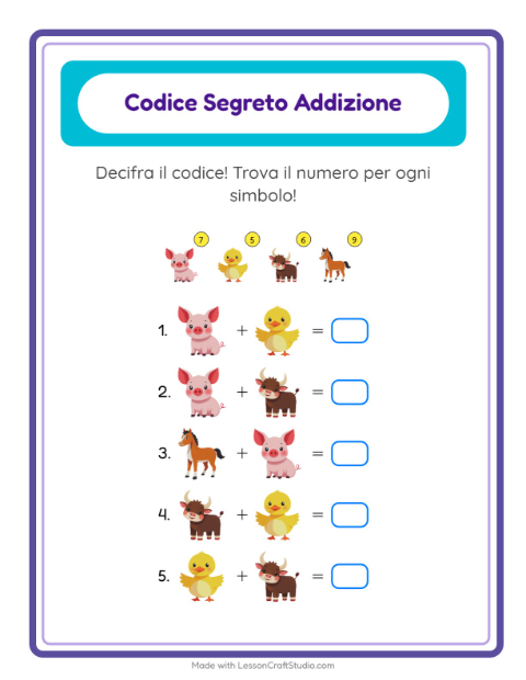 Anteprima della scheda di Addizione Codificata con Animali della fattoria per Scuola dell'infanzia (5-7 anni)