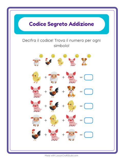 Anteprima della scheda di Addizione Codificata con Animali della fattoria per Scuola dell'infanzia (5-7 anni)