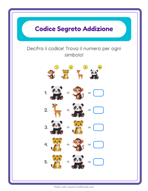 Anteprima della scheda di Addizione Codificata con Animali dello zoo per Scuola dell'infanzia (5-7 anni)